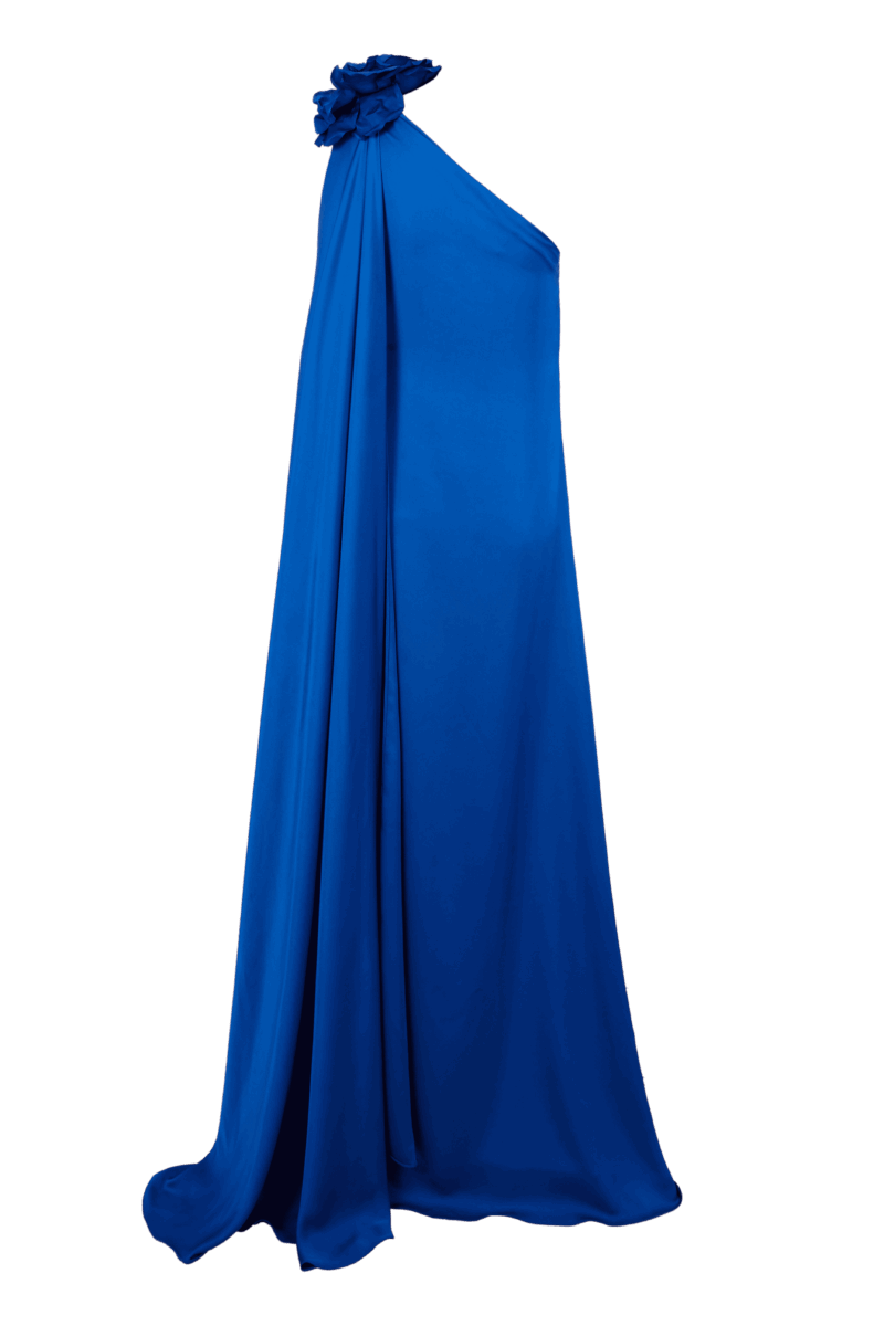 Vestido largo de gala en un profundo azul cobalto, con diseño asimétrico de un solo hombro que combina sobriedad arquitectónica y fluidez