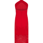 Vestido midi de noche en tono rojo intenso, confeccionado en satén de acabado liso y luminoso