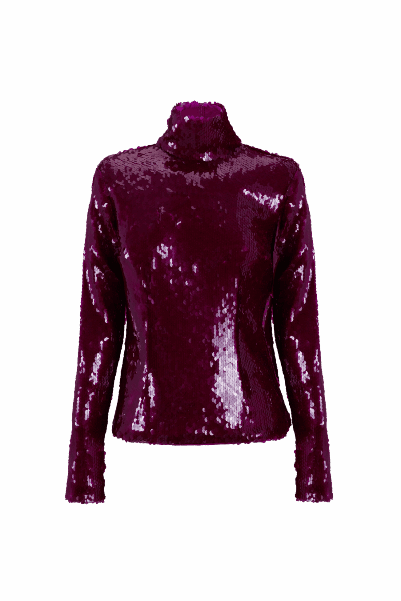 Top de lentejuelas en tono burdeos con cuello alto y manga larga, de silueta entallada y acabado brillante que captura la luz con cada movimiento
