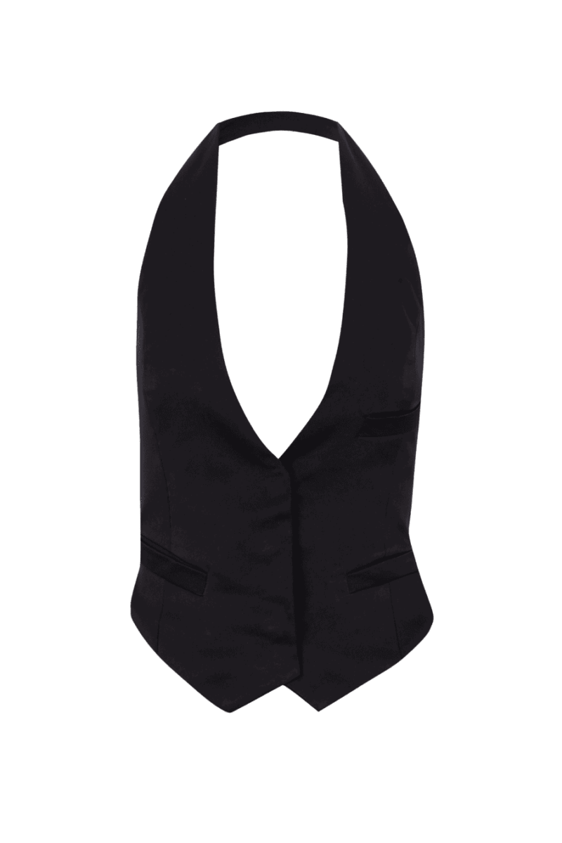 Black waistcoat with deep neckline, tailored design and wide lapels, finished with decorative piped pockets for a classic and elegant touch.