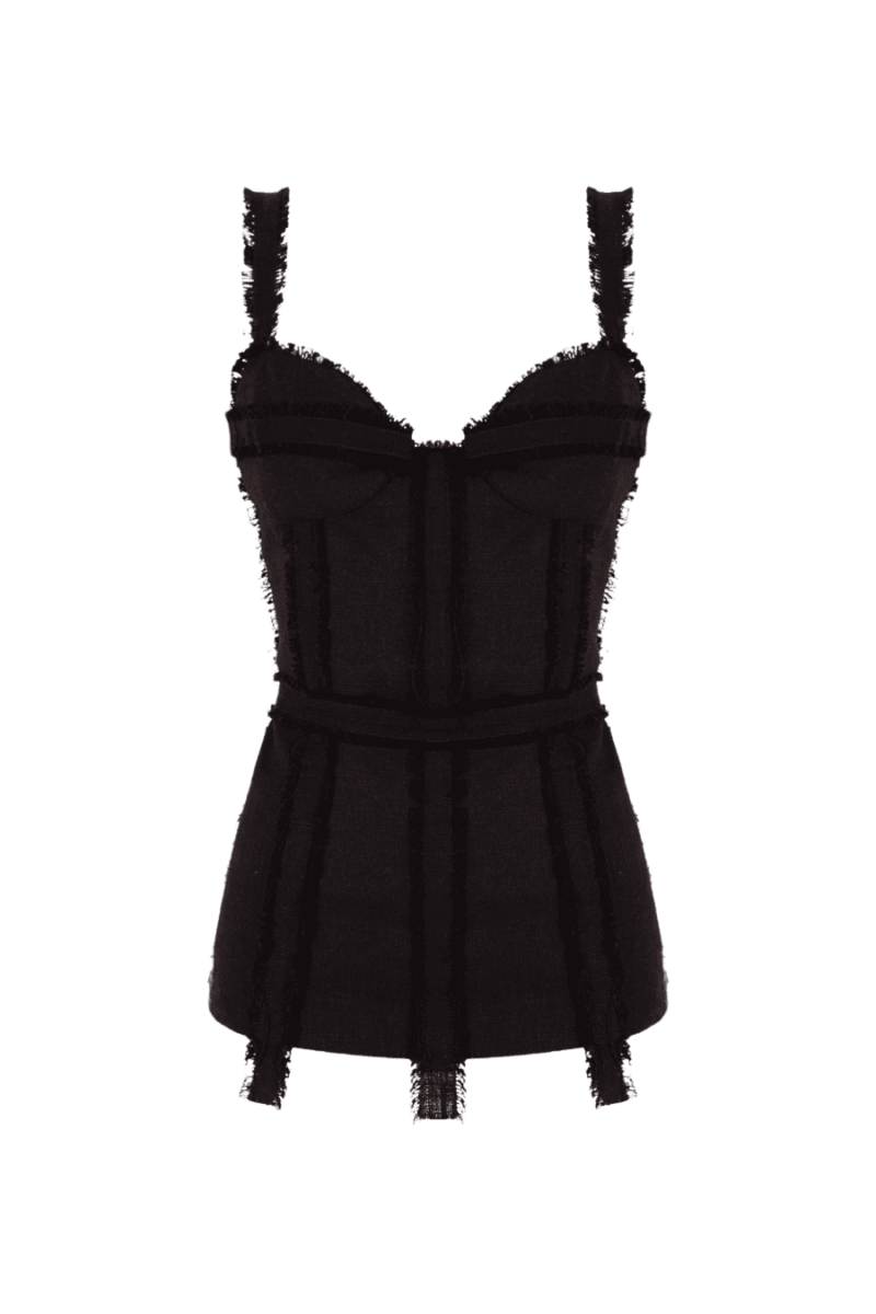 Corsé negro con tirantes, detalles en tejido deshilachado y diseño estructurado que realza la figura con un toque moderno y sofisticado