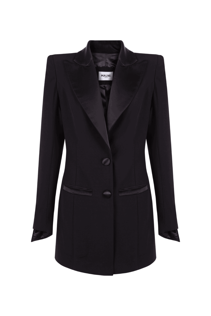 Black straight fit blazer with satin lapels, two button front fastening and matching welt pockets.