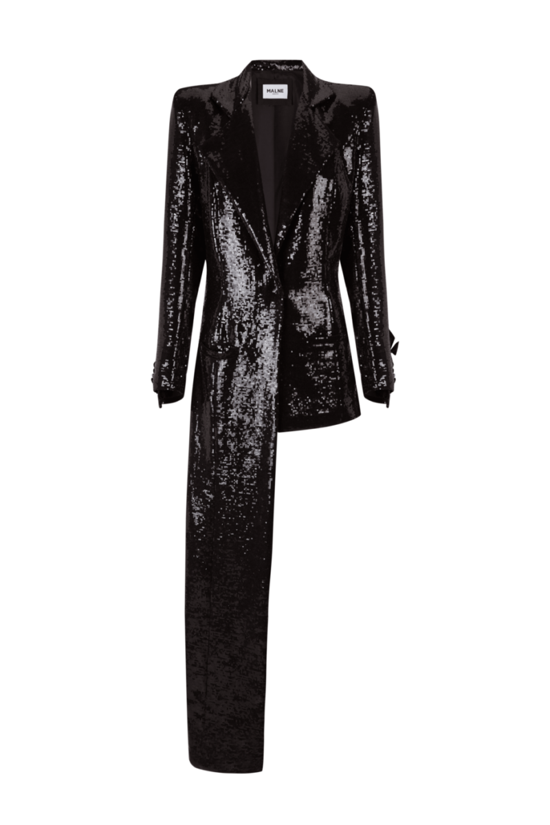 black sequined jacket with wide lapel and asymmetrical design