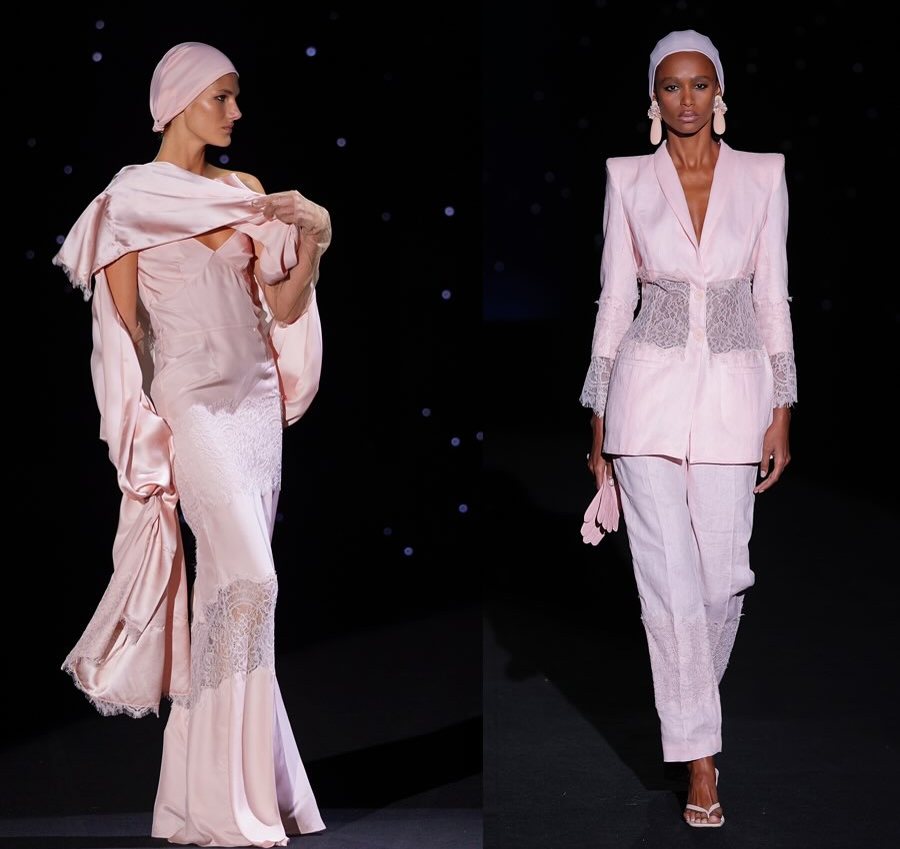 Two Malne designs in powder pink on the runway